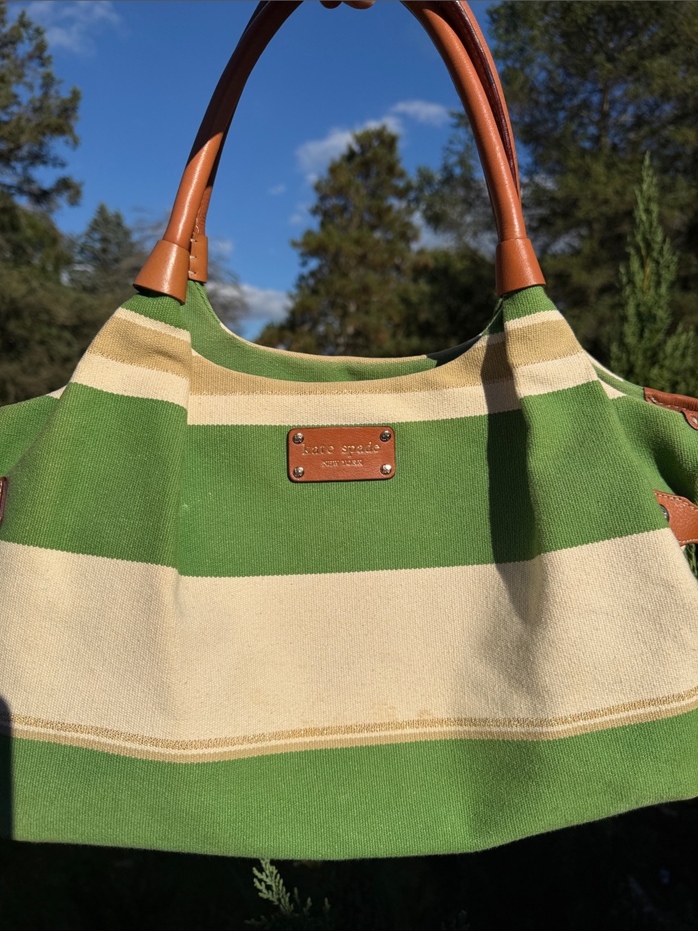Kate Spade NY Purse Canvas Green/Ivory/Gold With Leather Trim Handles Logo